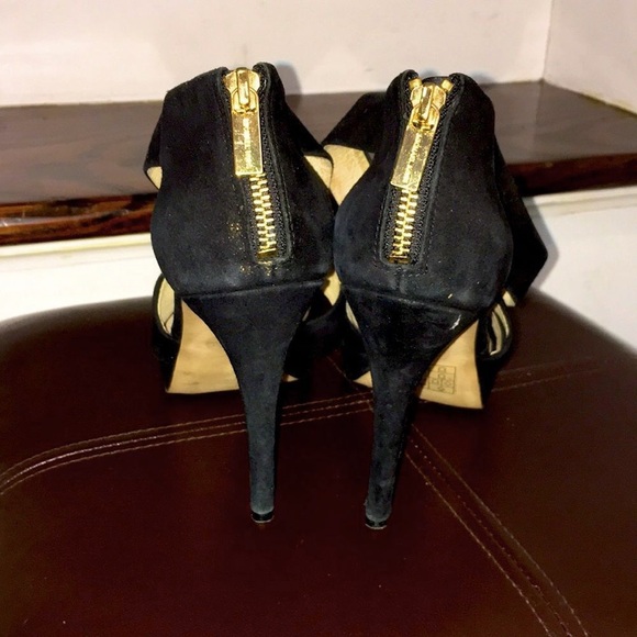 MK MICHAEL KORS Black Suede Peep Toe Gold Zipper Back High Heel Shoes Sz 8-1/2 - Picture 10 of 11